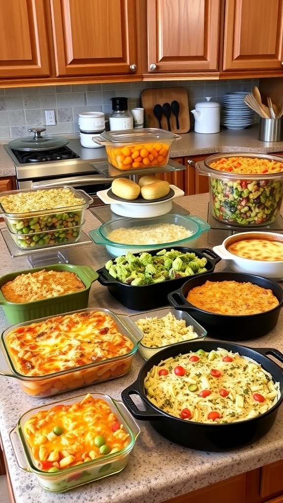 Various casserole dishes filled with colorful casseroles on a kitchen counter.